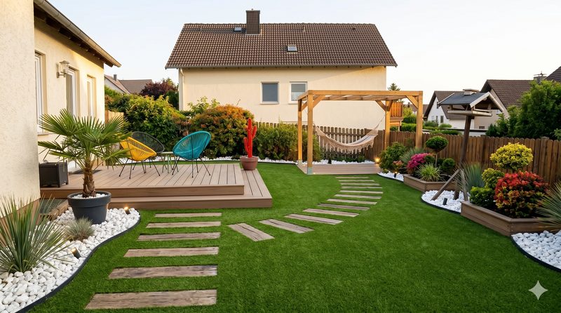 Jardin après intervention — gazon, terrasse bois, pergola et massifs paysagers