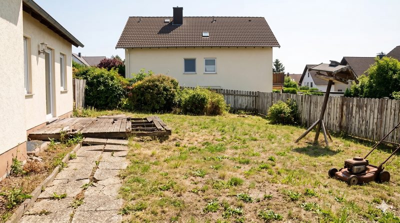 Jardin avant intervention — pelouse sèche et terrain nu