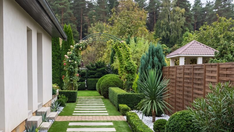 Jardin paysagé avec allée en pas japonais, haies taillées et gazon soigné — réalisation Paysage Dupont Lyon