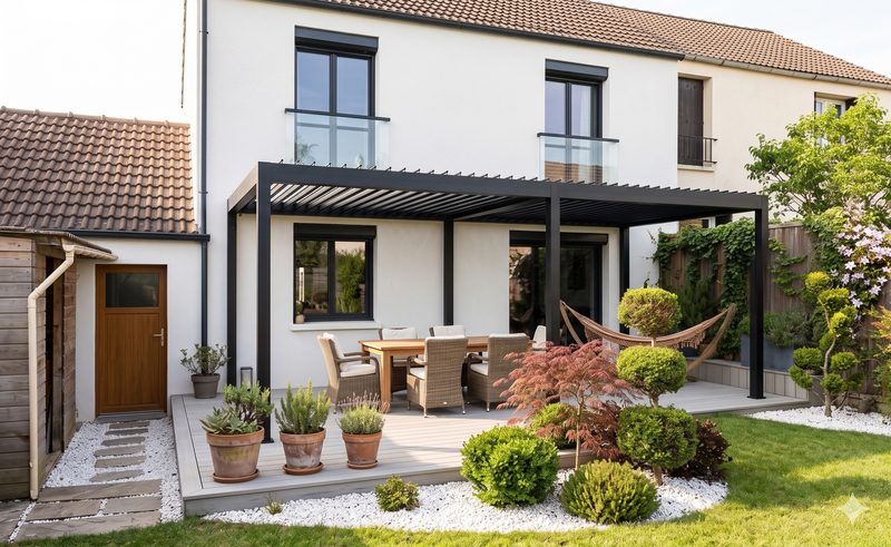 Maison avec pergola noire, coin repas extérieur et jardin paysagé